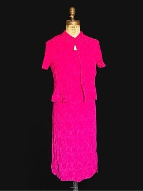 Bright Pink Women's Skirt Set - Classic Collared Top and Midi Skirt